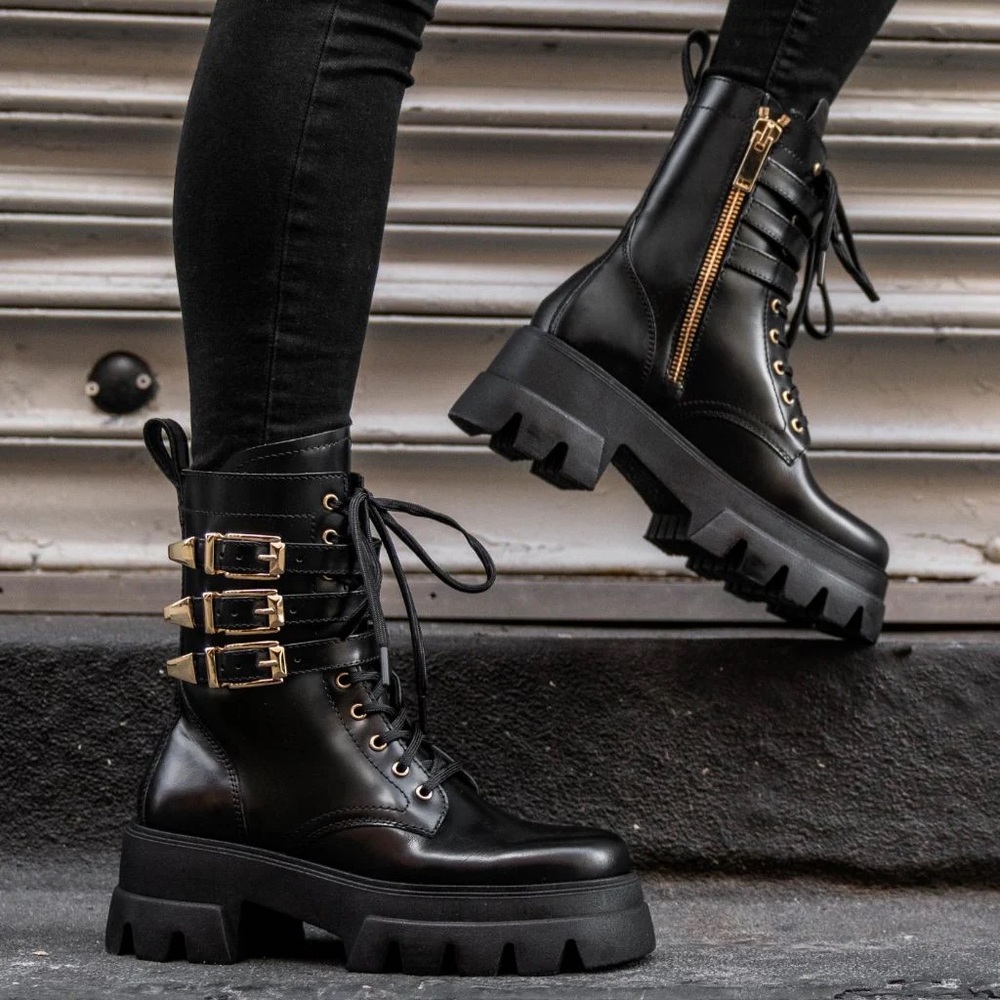 Thursday Black Leather Dynasty Combat Boots with Gold Accents